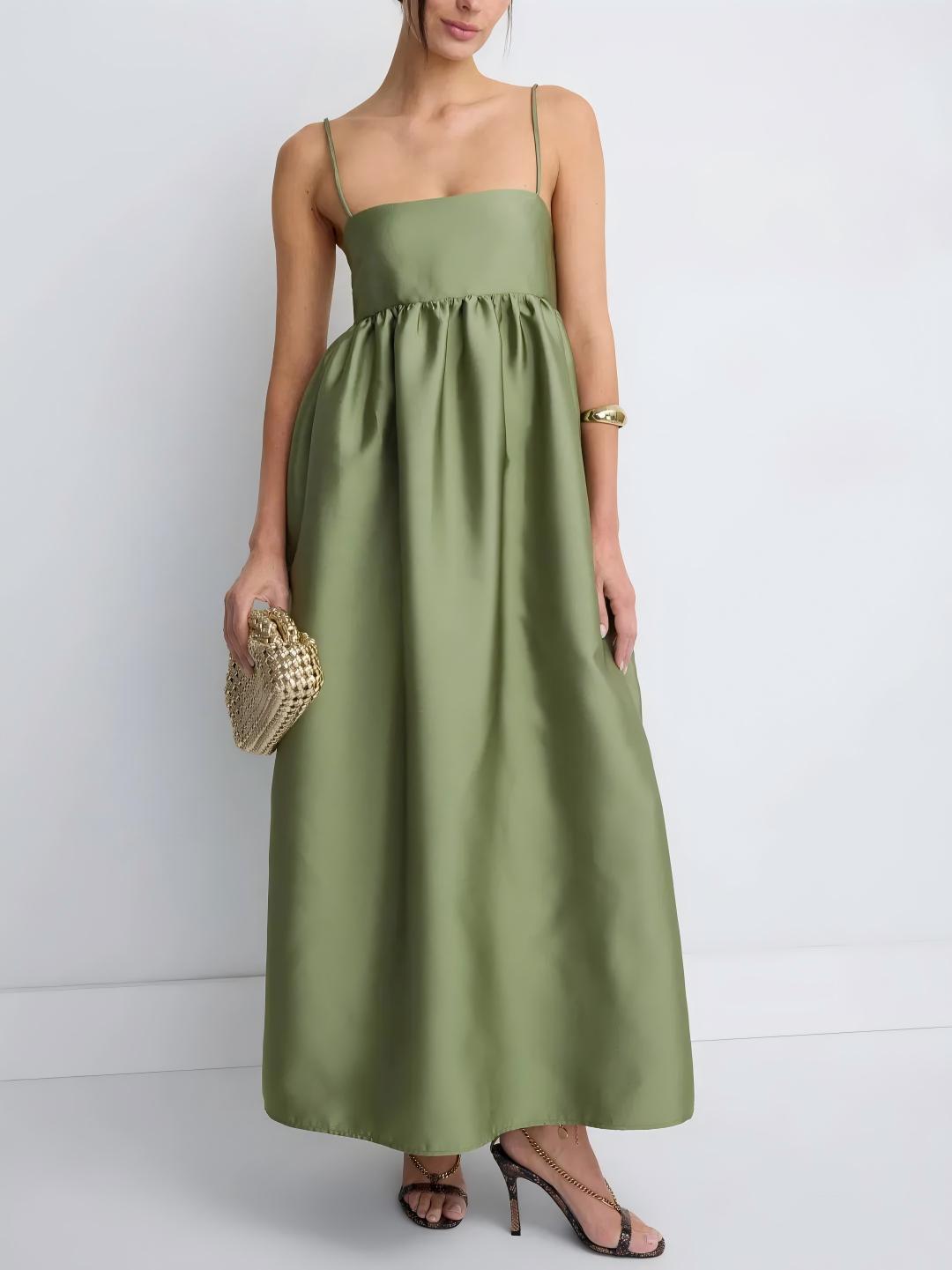 Vestido Longo Verde Oliva Babydoll Minimalista com Decote Quadrado