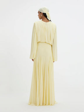 Vestido Longo de Chiffon Plissado com Manga Longa