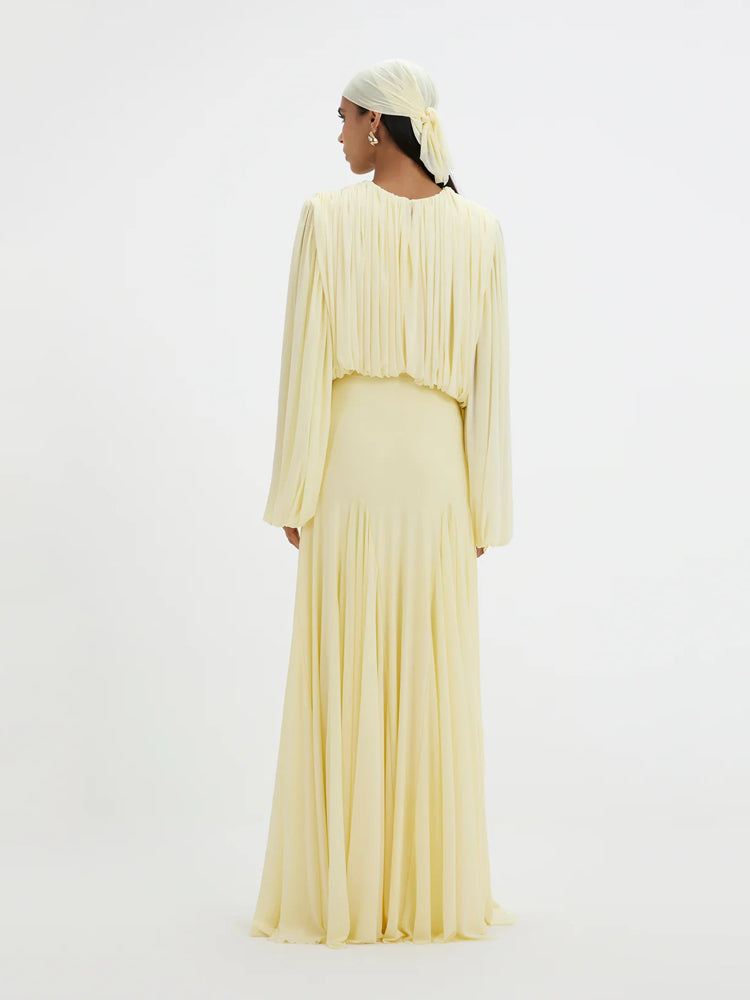 Vestido Longo de Chiffon Plissado com Manga Longa