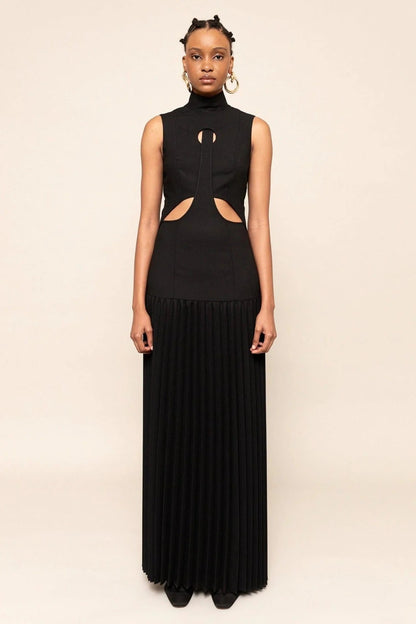 Vestido Longo Plissado com Recortes Cutout Preto
