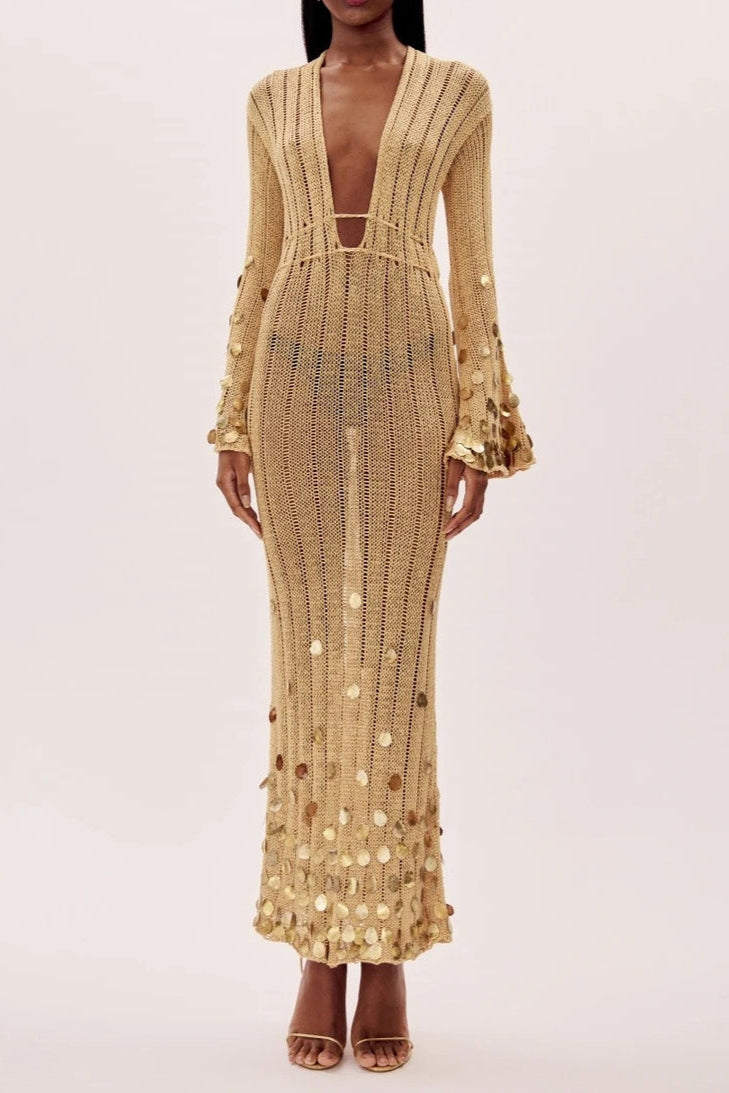 Vestido Longo de Tricot Dourado Dolly