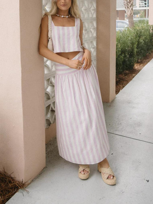Conjunto Listrado Rosa e Branco com Saia Midi – Sofia