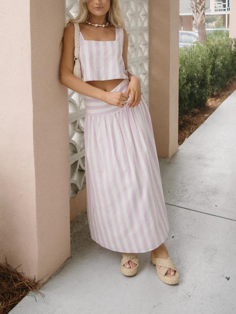 Conjunto Listrado Rosa e Branco com Saia Midi – Sofia