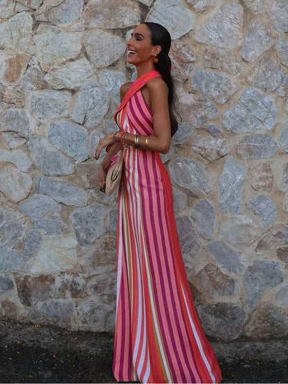 Vestido Sunset Samba com Alças Cruzadas e Listras