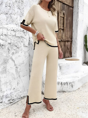 Conjunto Feminino em Viscose com Blusa Mullet de Manga Curta e Calça Cintura Alta com Fenda na Barra - Mirtes