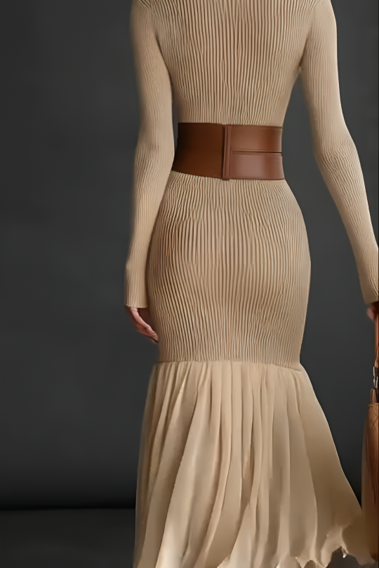 Vestido Longo Tricot Canelado com Gola Alta e Barra Assimétrica com Babado