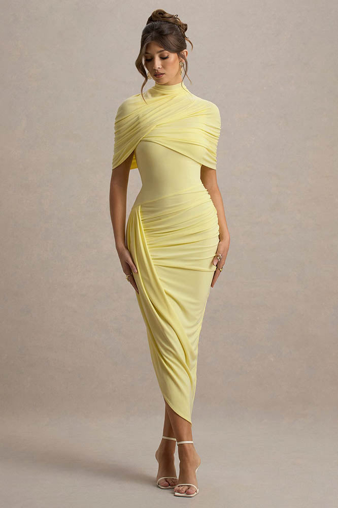 Vestido Midi Cinturado com Detalhe de Drapeado e Costas Nuas