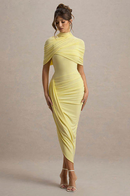 Vestido Midi Cinturado com Detalhe de Drapeado e Costas Nuas