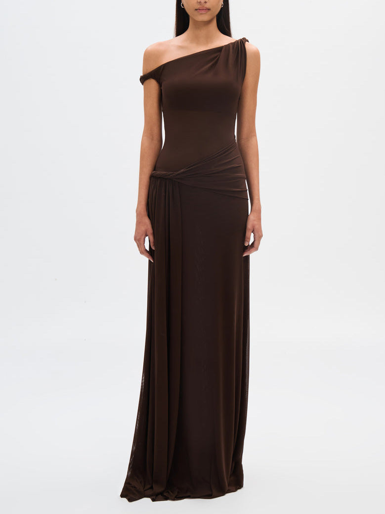 Vestido Longo Drapeado Coffee Espresso