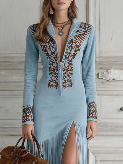 Vestido Longo Western com Franjas e Bordado em Camurça Sintética