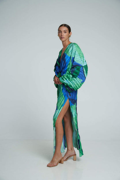 Vestido Maxi Kaftan com Plissado e Estampa - Pamela