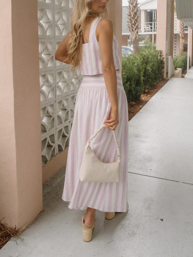 Conjunto Listrado Rosa e Branco com Saia Midi – Sofia