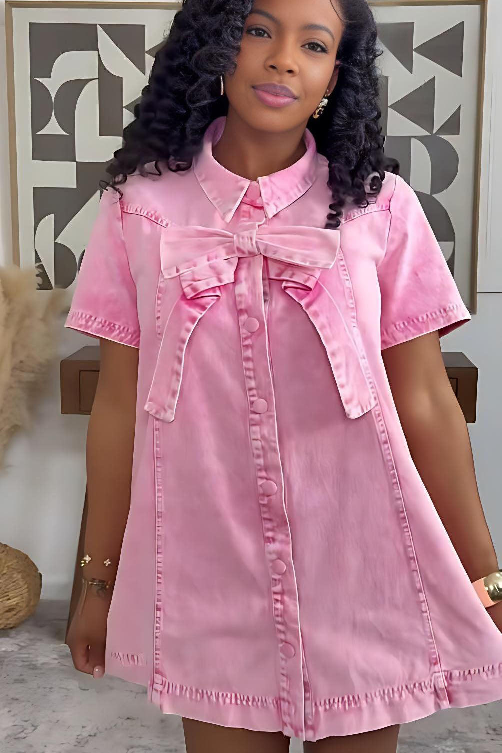 Vestido Feminino Laço Aurora Denim Rosa