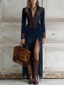 Vestido Longo Western com Franjas e Bordado em Camurça Sintética