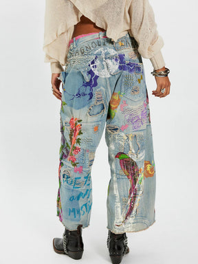 Calça Jeans Cropped Boho com Estampa Floral Peônias