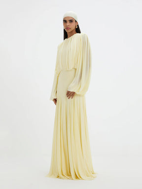 Vestido Longo de Chiffon Plissado com Manga Longa