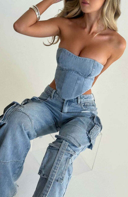 Conjunto Jeans de Cropped e Cargo