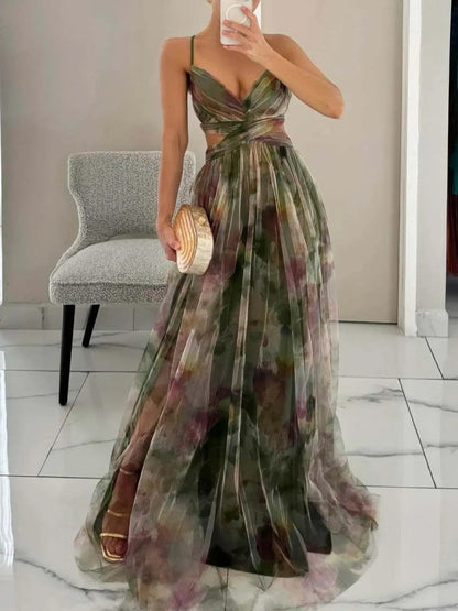 Vestido Longo Maíra Floral Pintado com Decote V