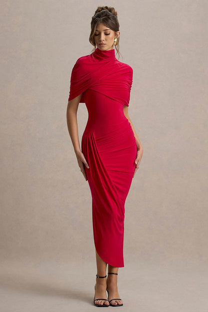Vestido Midi Cinturado com Detalhe de Drapeado e Costas Nuas