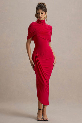 Vestido Midi Cinturado com Detalhe de Drapeado e Costas Nuas