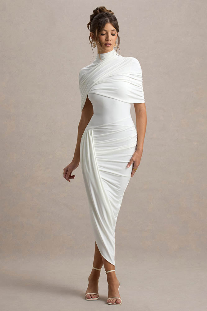 Vestido Midi Cinturado com Detalhe de Drapeado e Costas Nuas