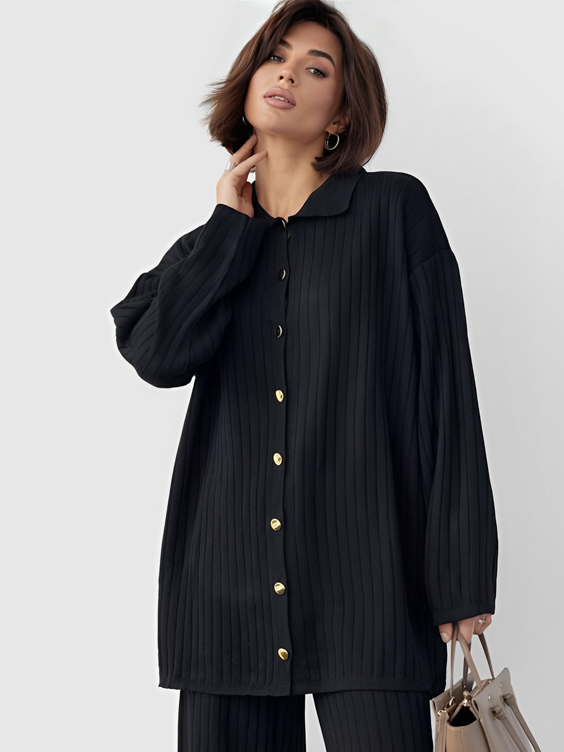 Conjunto Feminino Canelado com Camisa Alongada de Botões e Calça Reta com Elástico - Camila