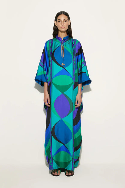 Kaftan Longo em Cetim com Estampa Psicodélica Iride