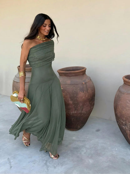 Vestido Longo Toledo de Um Ombro em Chiffon