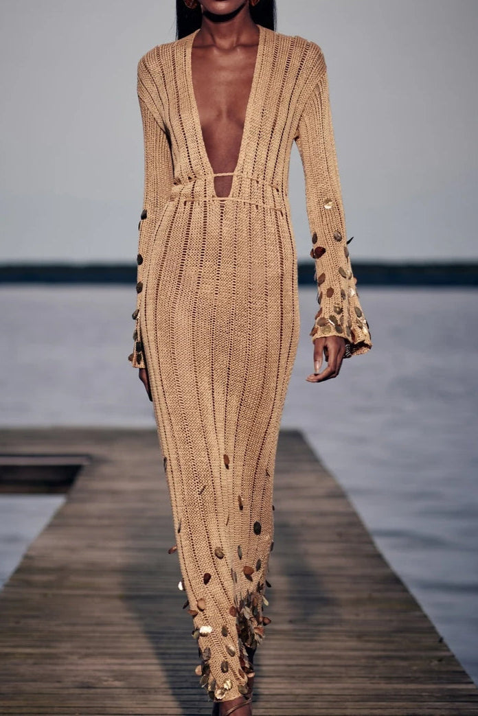 Vestido Longo de Tricot Dourado Dolly