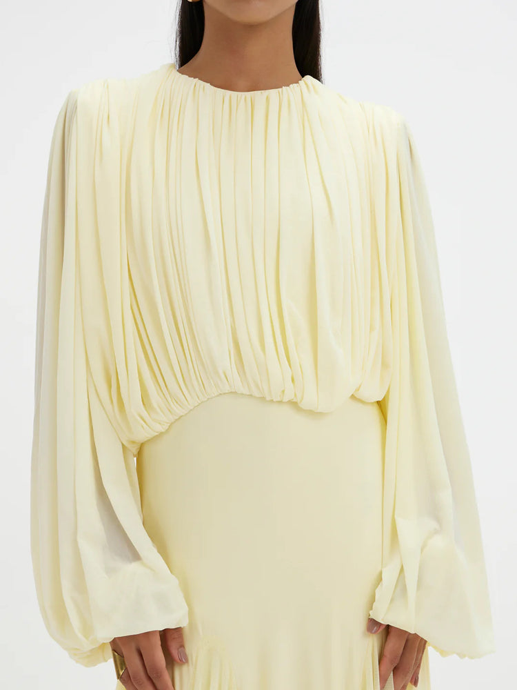 Vestido Longo de Chiffon Plissado com Manga Longa