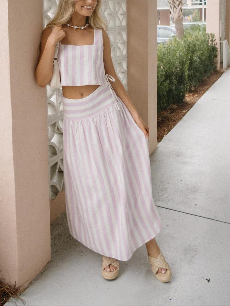Conjunto Listrado Rosa e Branco com Saia Midi – Sofia