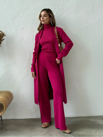 Conjunto Feminino de 3 Peças com Blusa Canelada Gola Alta Calça Pantalona de Cintura Elástica e Cardigan Alongado - Lolla