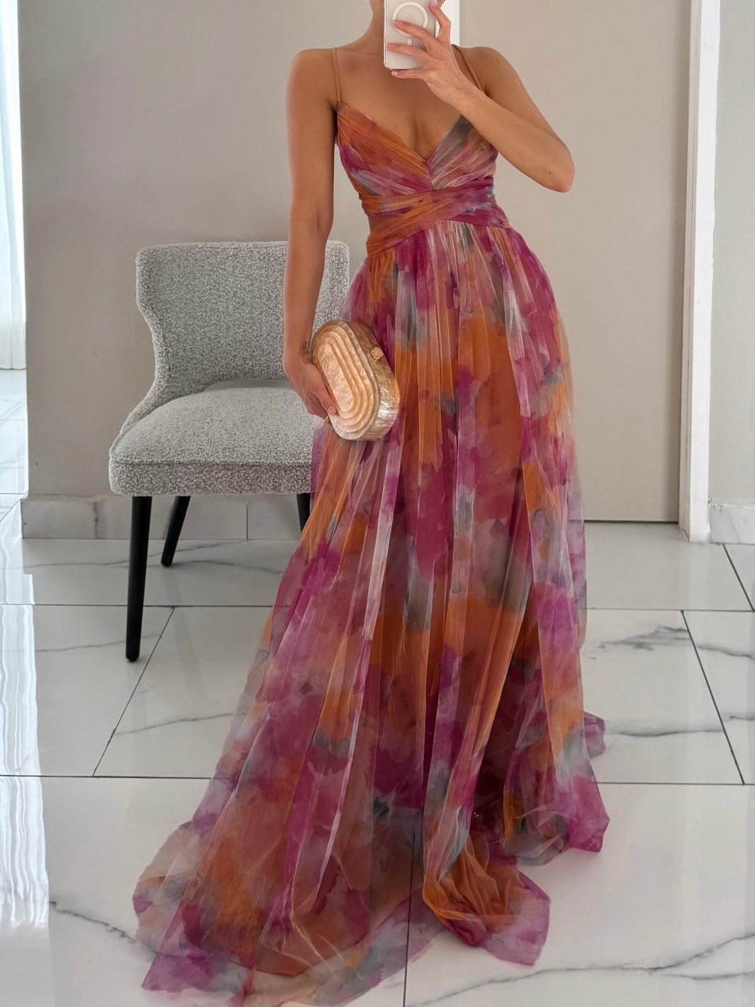 Vestido Longo Maíra Floral Pintado com Decote V