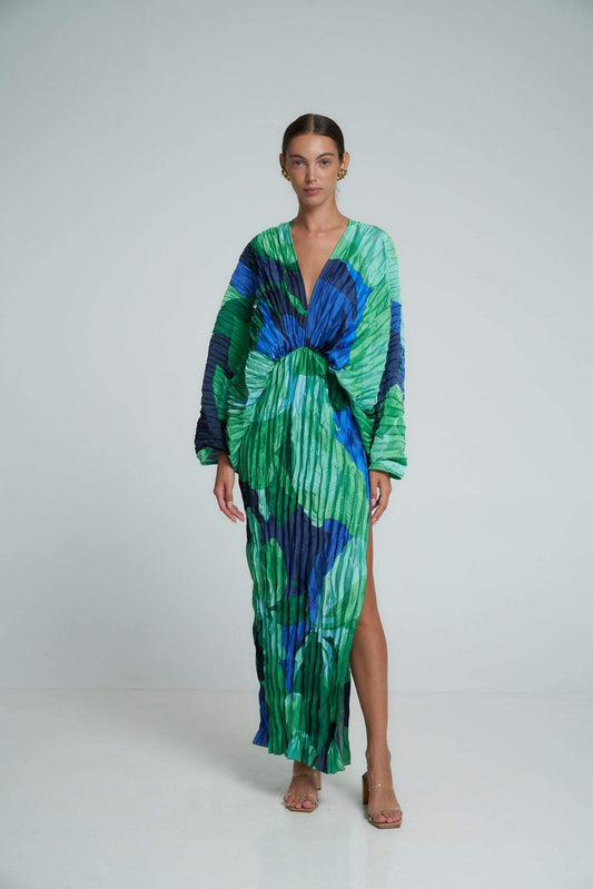 Vestido Maxi Kaftan com Plissado e Estampa - Pamela
