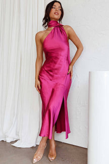 Vestido Midi Nad em Cetim com Decote Halter Drapeado