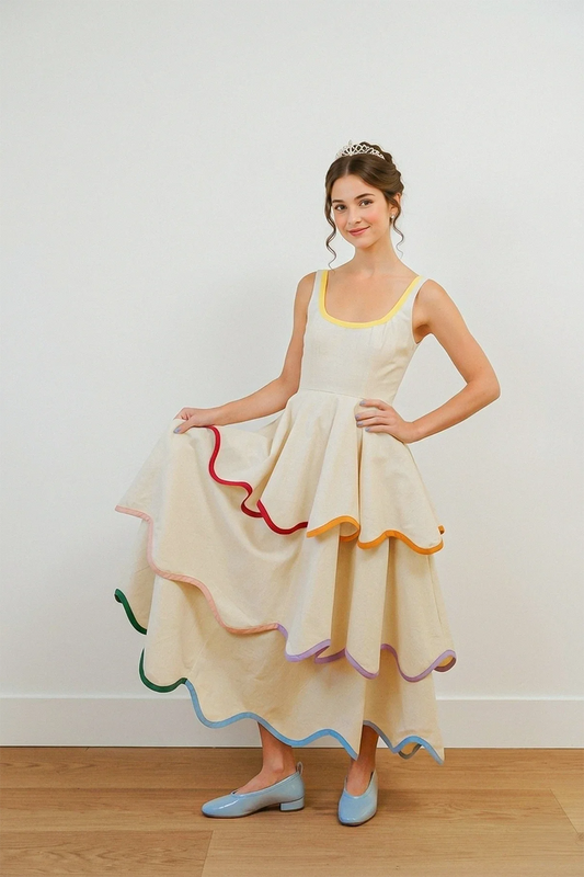 Vestido Midi Aurora com Decote U, Saia em Camadas e Acabamento Colorido
