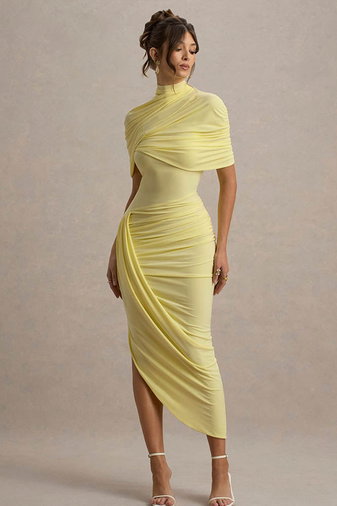 Vestido Midi Cinturado com Detalhe de Drapeado e Costas Nuas