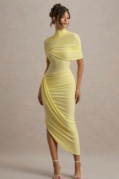 Vestido Midi Cinturado com Detalhe de Drapeado e Costas Nuas