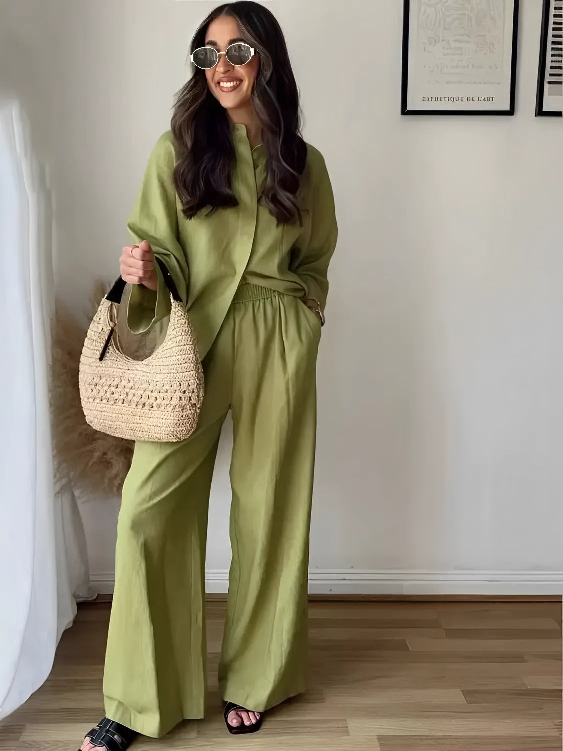 Conjunto Feminino Camisa Manga Longa com Botões e Calça Pantalona - Daniela