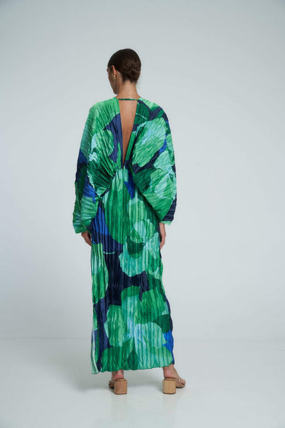 Vestido Maxi Kaftan com Plissado e Estampa - Pamela