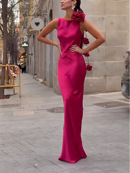 Vestido Longo em Cetim com Laço - Formentera Floral