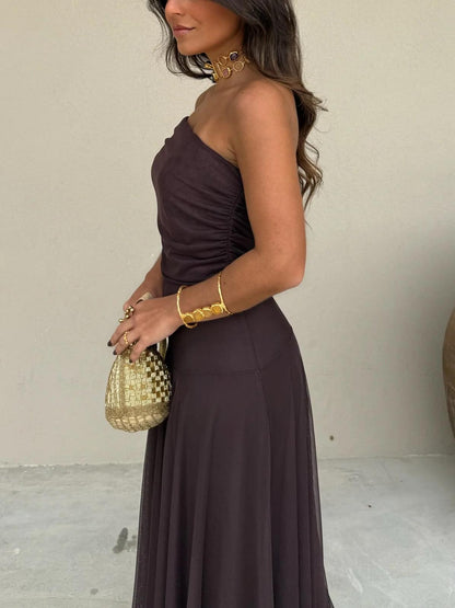Vestido Longo Toledo de Um Ombro em Chiffon