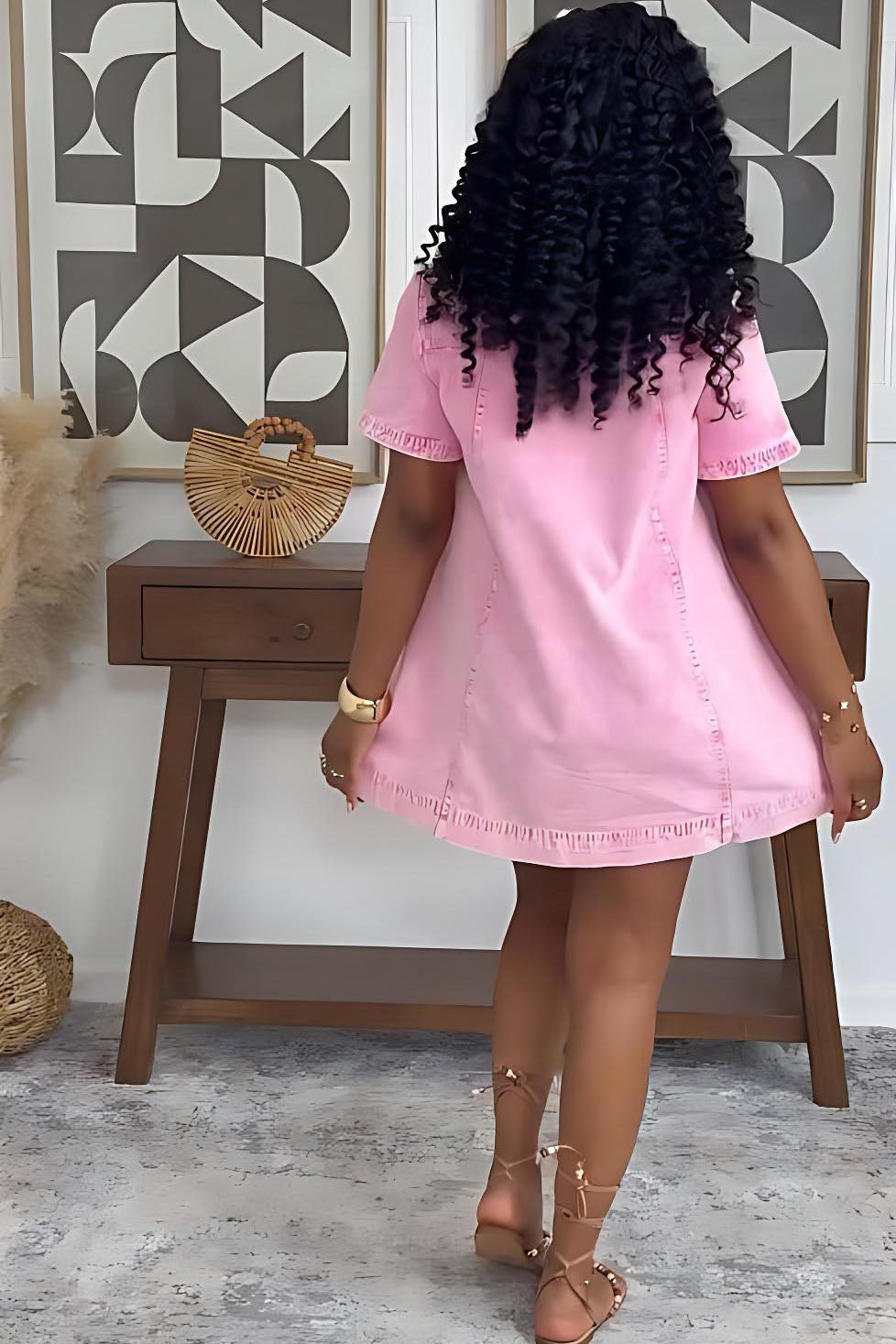 Vestido Feminino Laço Aurora Denim Rosa