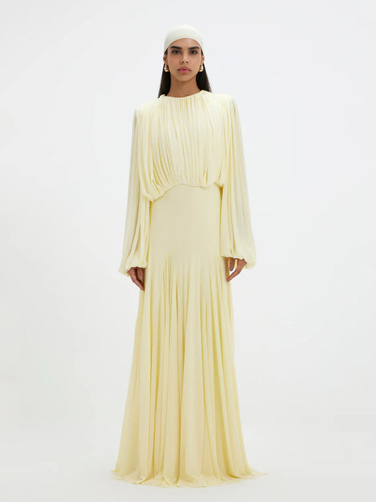 Vestido Longo de Chiffon Plissado com Manga Longa