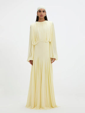 Vestido Longo de Chiffon Plissado com Manga Longa