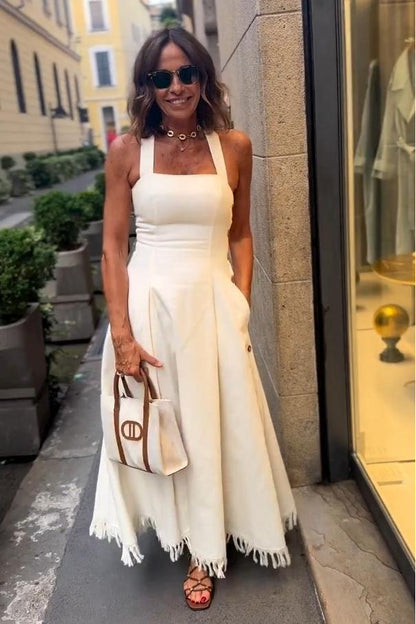 Vestido Longo Boho Branco com Franjas e Bolsos