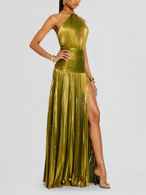 Vestido Longo Thalia em Lamê Peridoto Metálico