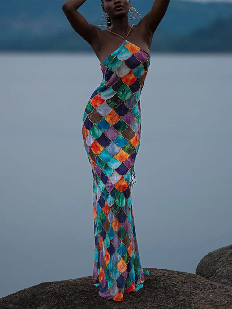Vestido Longo Com Amarração No Pescoço Multicolorido