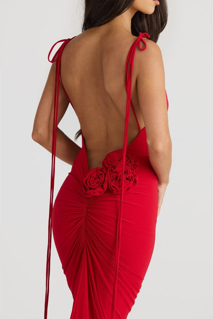 Vestido Longo Elma Floral – Costas Abertas e Detalhe em Flor
