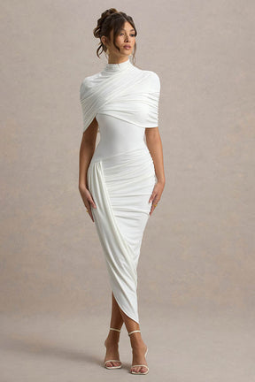 Vestido Midi Cinturado com Detalhe de Drapeado e Costas Nuas